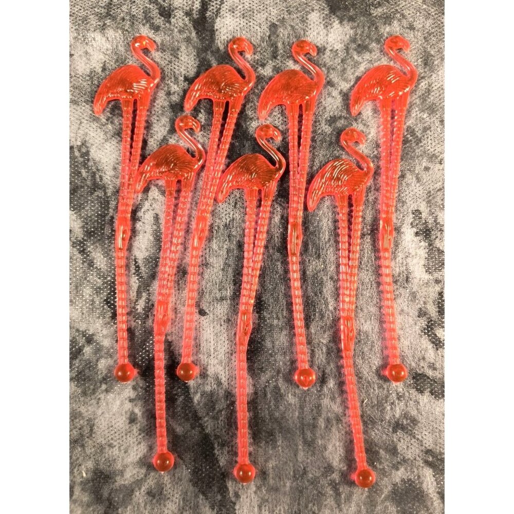 Set Of 7 Vintage Flamingo Drink Stirrers Pink Plastic Retro Cocktail Swizzle